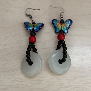 Butterfly & Jade Drop Earrings - Multicolor, Red, Black